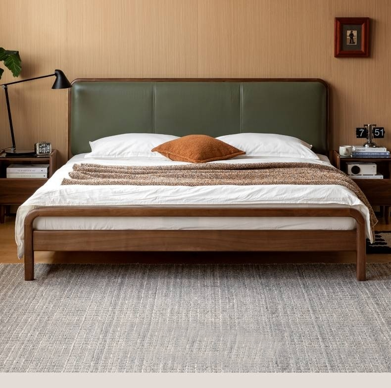 Black Walnut, Beech Solid Wood Retro Upholstered Large Bed