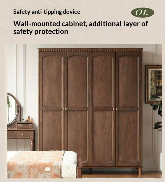 Black Walnut Solid Wood Wardrobe with American Retro Style and Light Luxury Finish