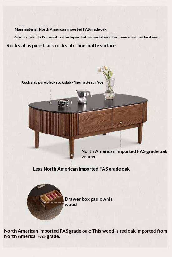 Oak Solid Wood Coffee Table with Rock Plate Surface