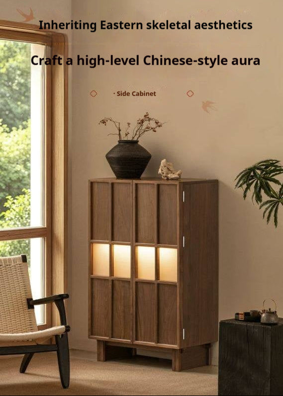 Black Walnut Solid Wood Lattice Door Side Cabinet with LED Lighting