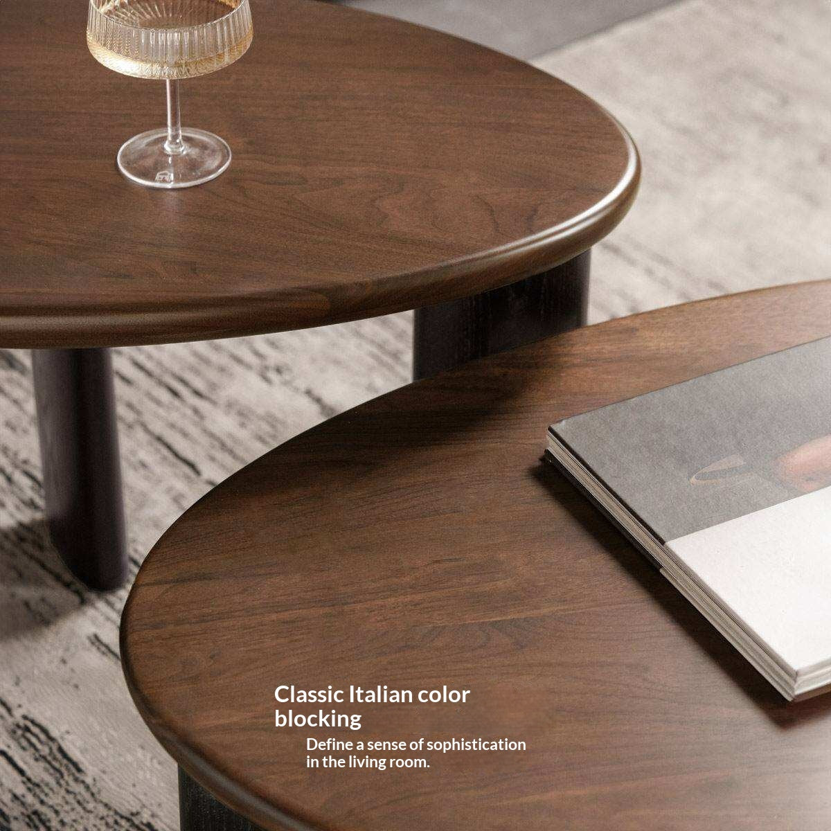 Black Walnut Solid Wood Organic Shape Coffee Table Set, Italian Style