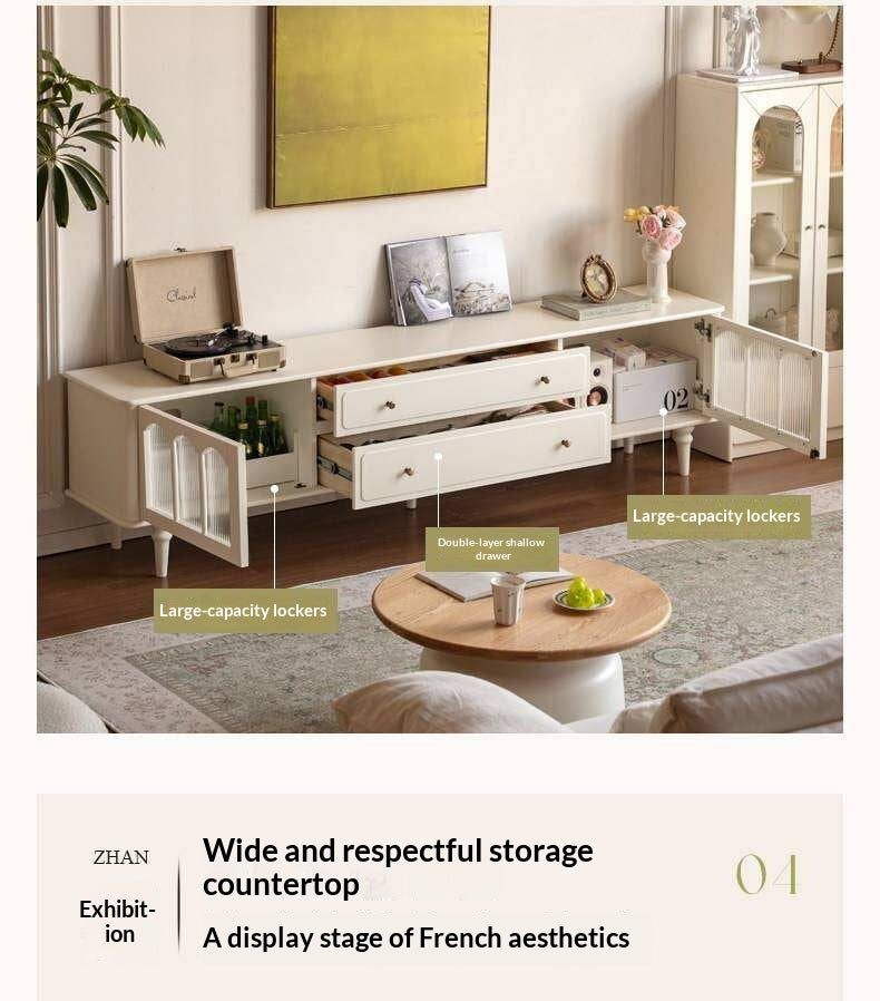 Solid Rubberwood TV Cabinet French Cream Style and Integrated Storage