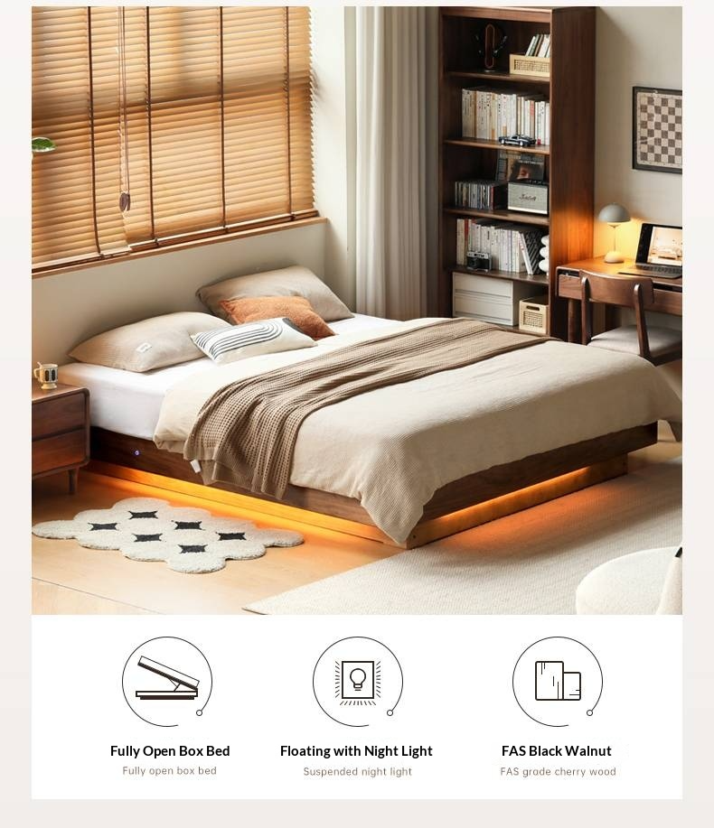 Black Walnut Solid Wood Platform Box Bed, Headboard-Free Bed Night Light Suspended Bed