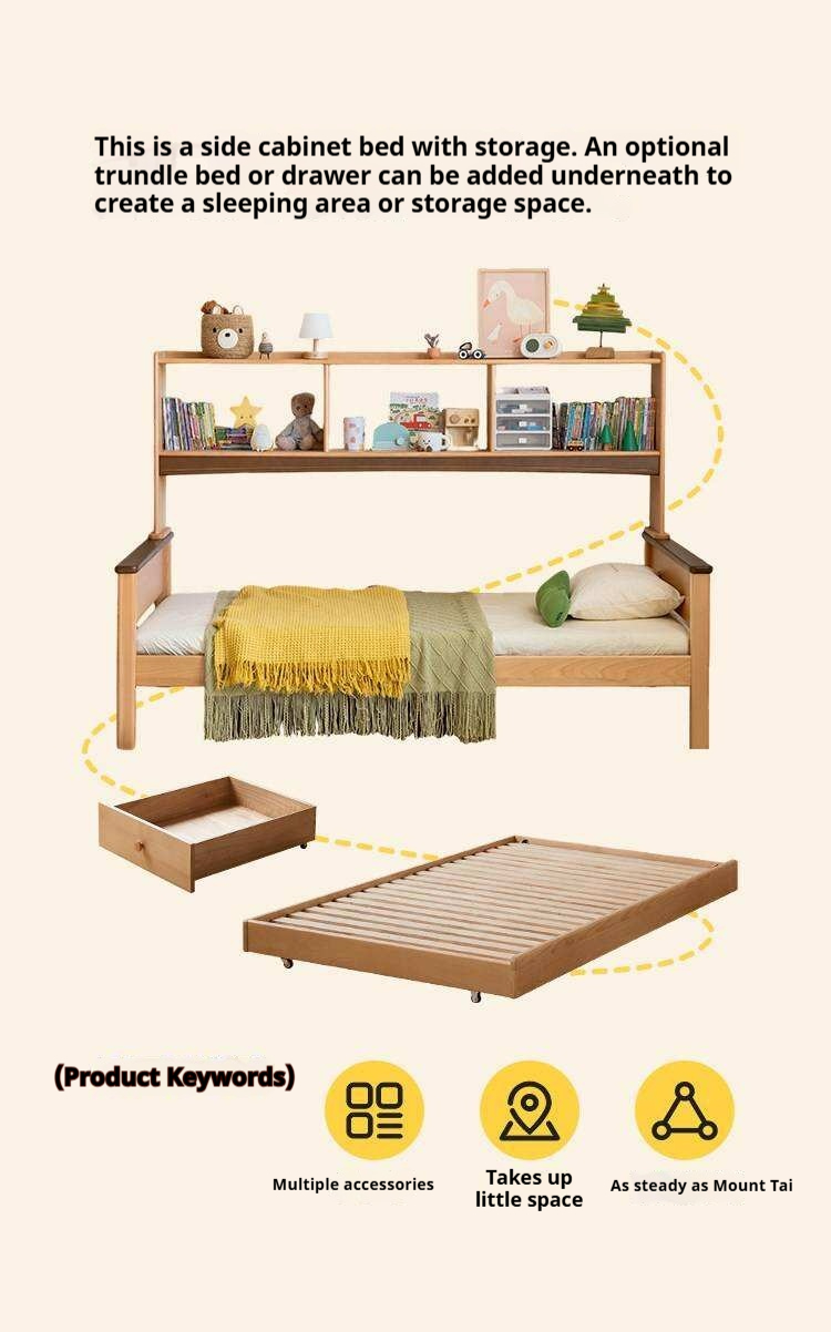 Beech Solid Wood Kids Bed with Bookcase Headboard and Pull-Out Trundle