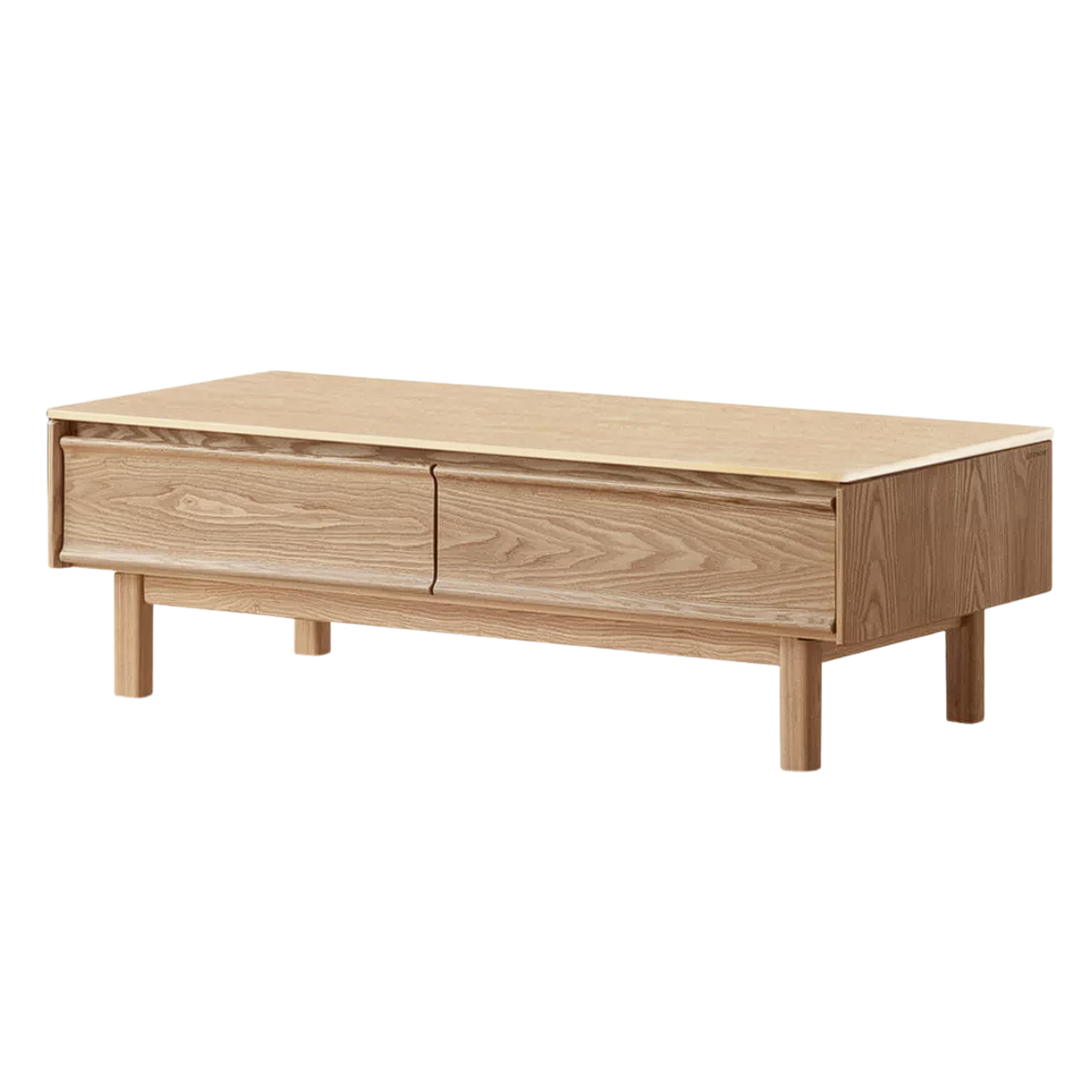 Ash Solid Wood Coffee Table with Beveled Edge, Two Drawers, Tapered Legs