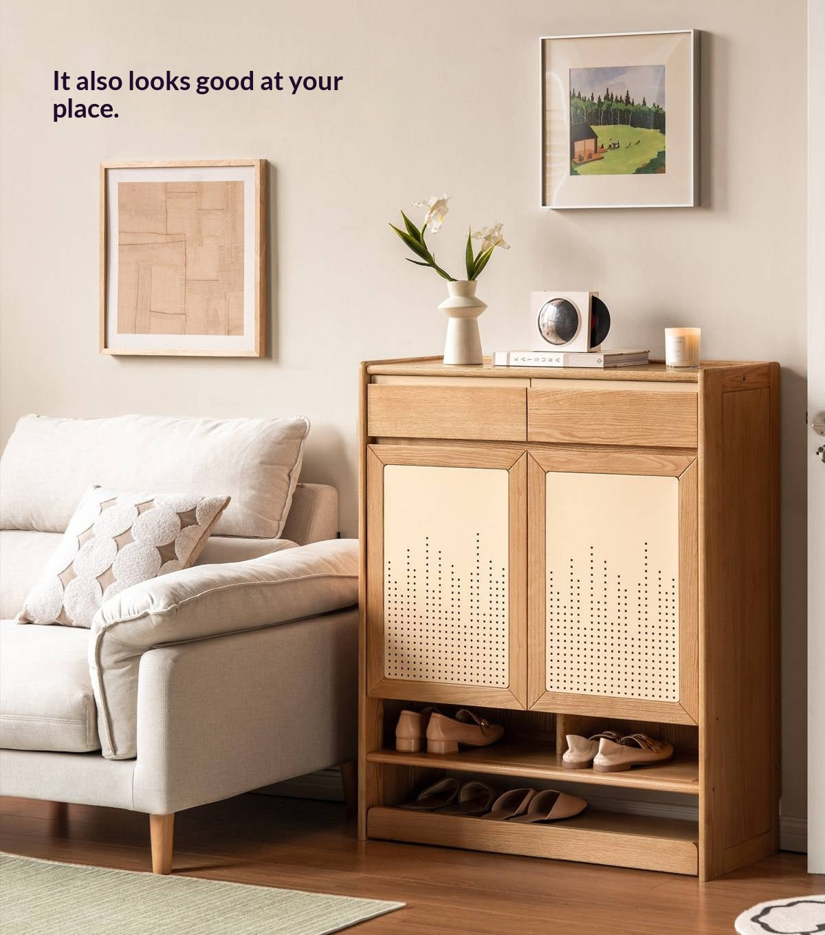 Oak Solid Wood Large Capacity Entryway Shoe Cabinet with Drawers