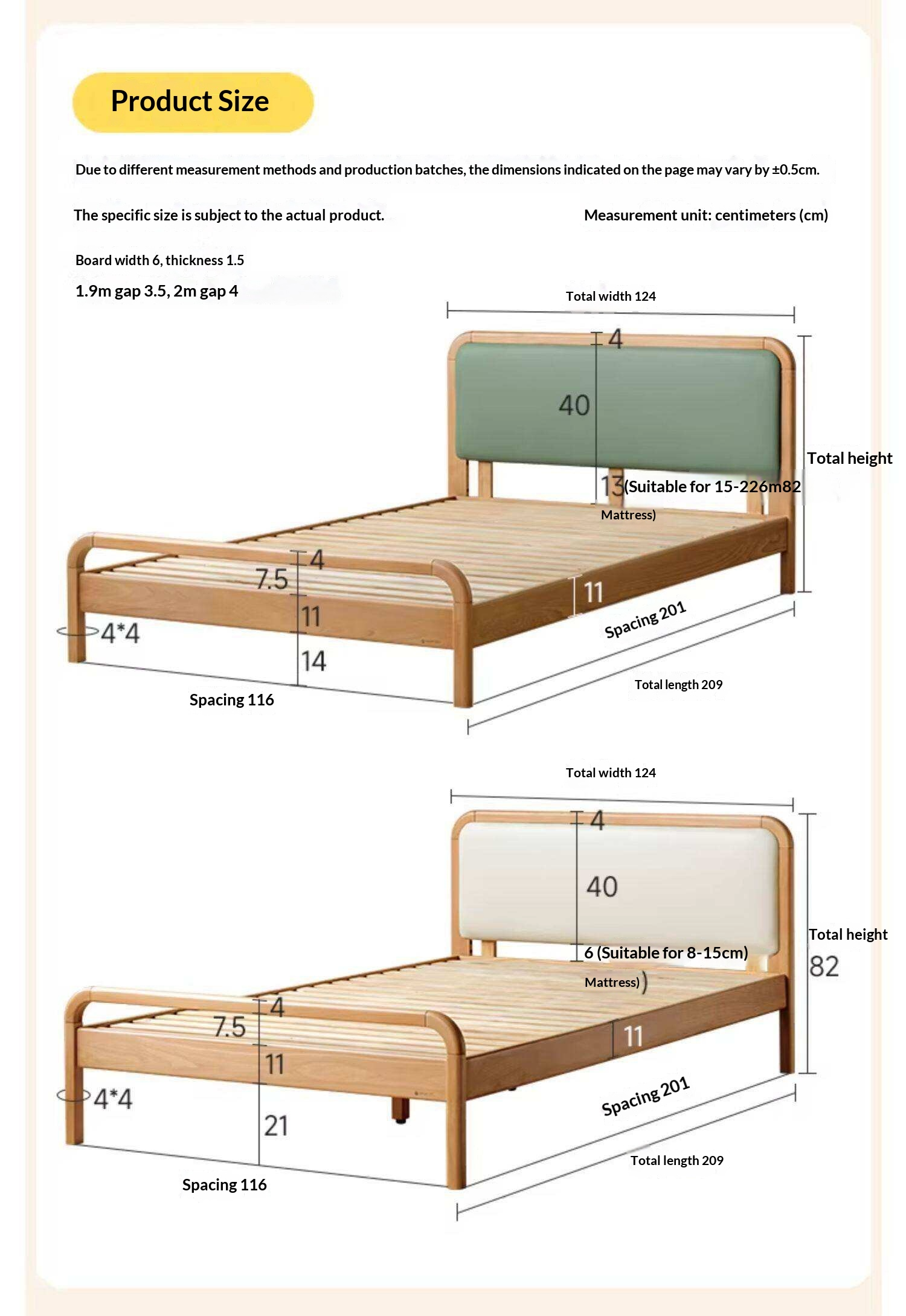Beech Solid Wood Kids Bed with Adjustable Height and Rounded Corner Headboard