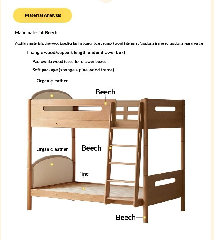 Beech Solid Wood Compact Bunk Bed, Suitable for Adults and Children