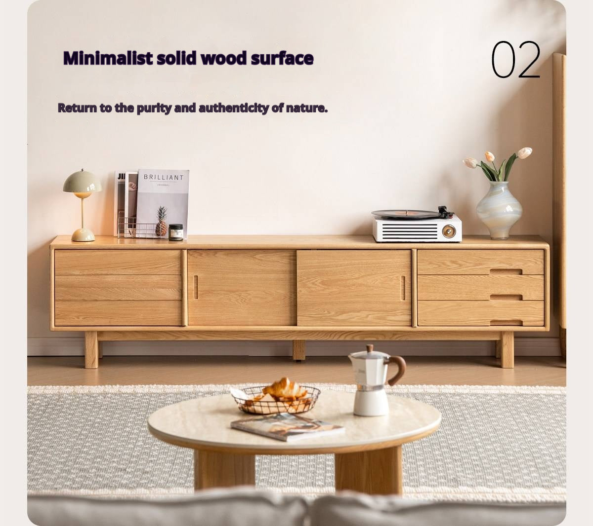 Oak Solid Wood TV Console with Ribbed Sliding Doors and Open Shelving