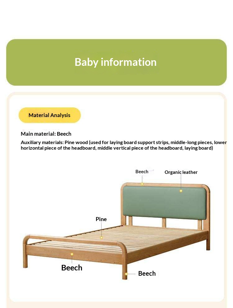 Beech Solid Wood Kids Bed with Adjustable Height and Rounded Corner Headboard