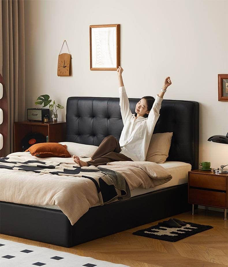 Genuine Leather Retro Box Bed — Black Upholstered, Simple Design