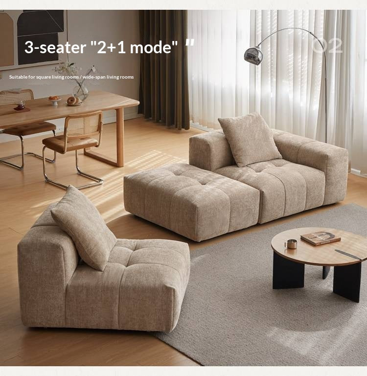 Pine Solid Wood Modular Sectional Sofa in Chenille Faux Linen with Feather-Filled Cushions, Chaise and Ottoman Options