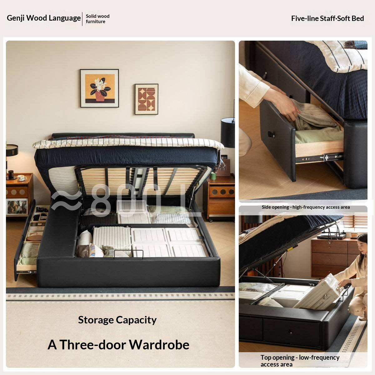 Genuine Leather Storage Bed with Tufted Headboard and Drawers
