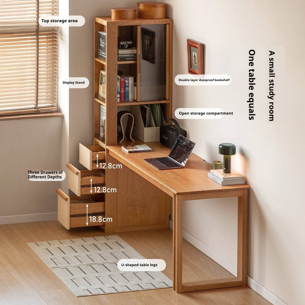 Cherry Solid Wood Office Desk with Integrated Bookshelf