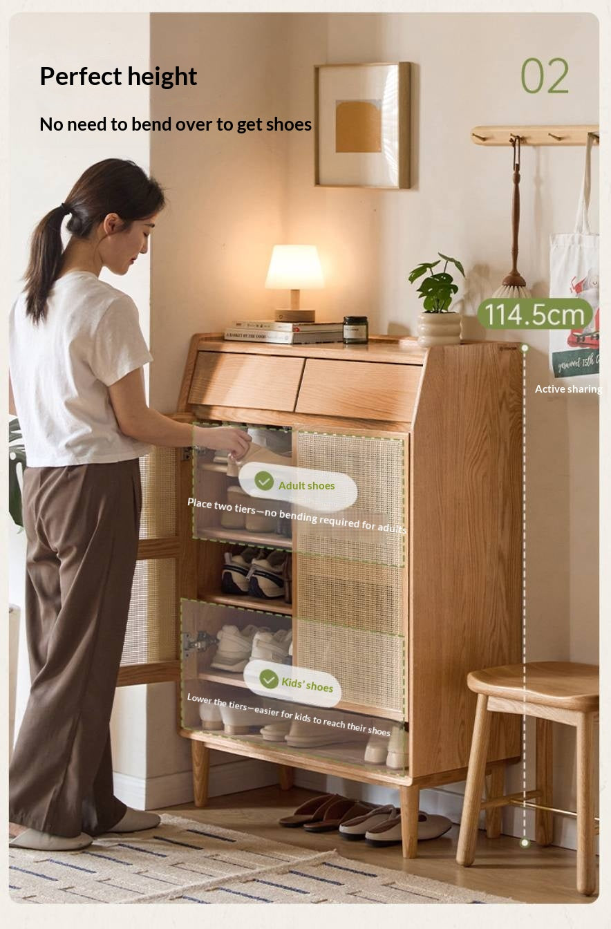 Oak Solid Wood Modern Entryway Shoe Cabinet with Drawers