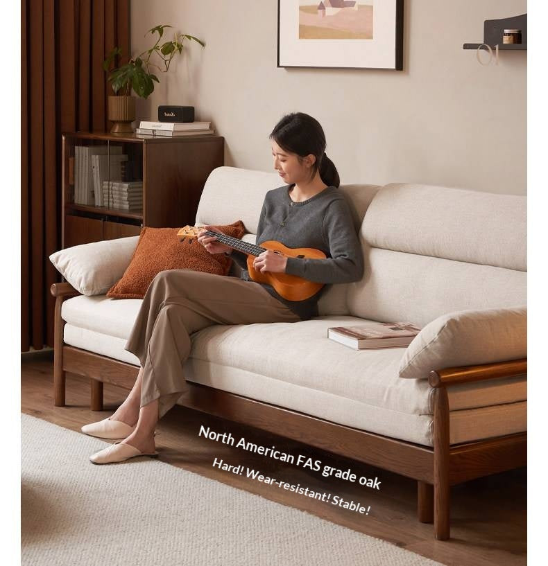 Oak Solid Wood Wood Frame Sleeper Sofa with Reclining Backrest