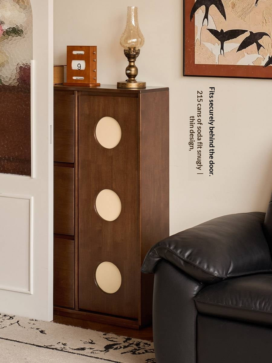 Solid RubberWood Vintage Shoe Cabinet with Flip-Down Drawers and Round Inlay Accents