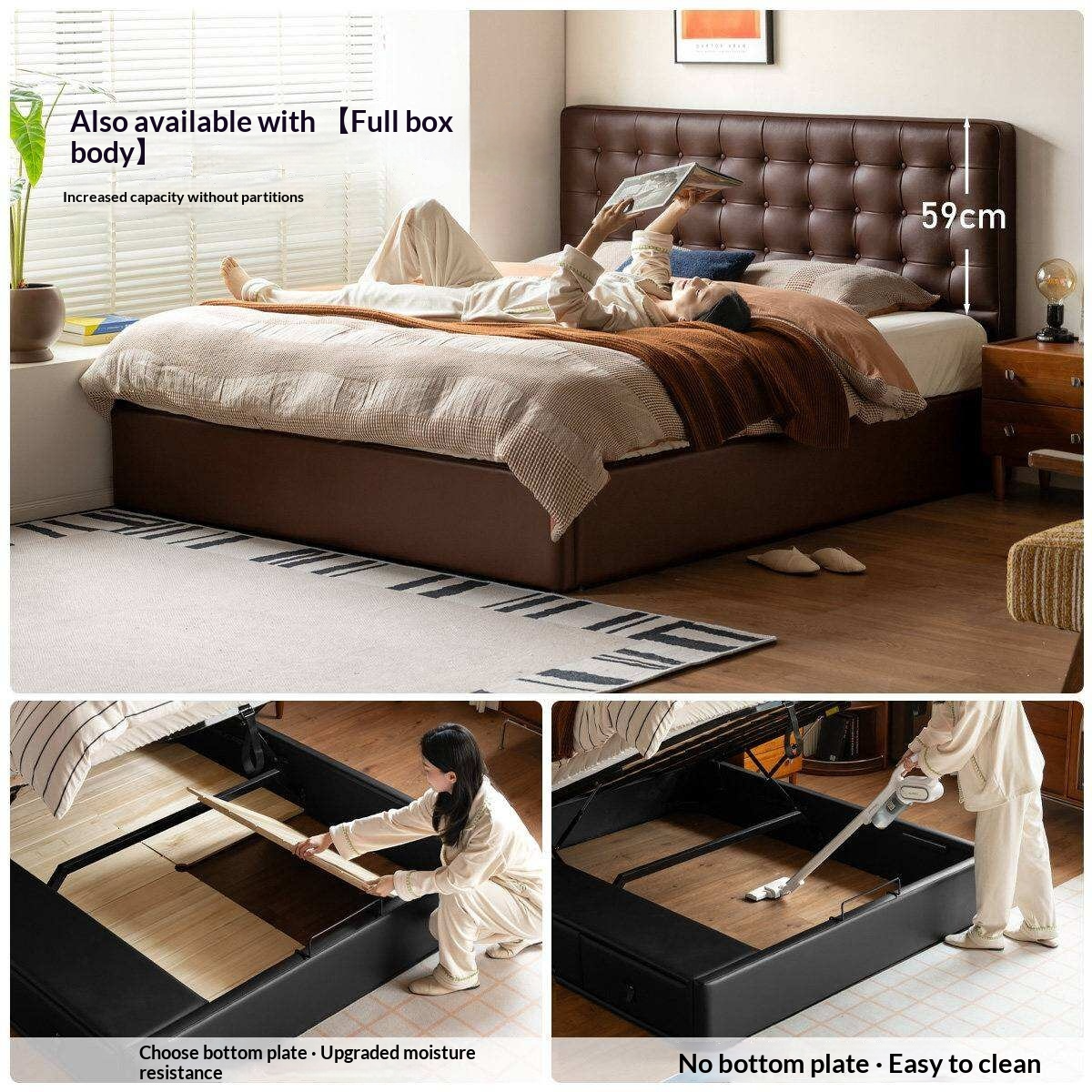 Genuine Leather Hydraulic Lift Storage Bed with Drawers