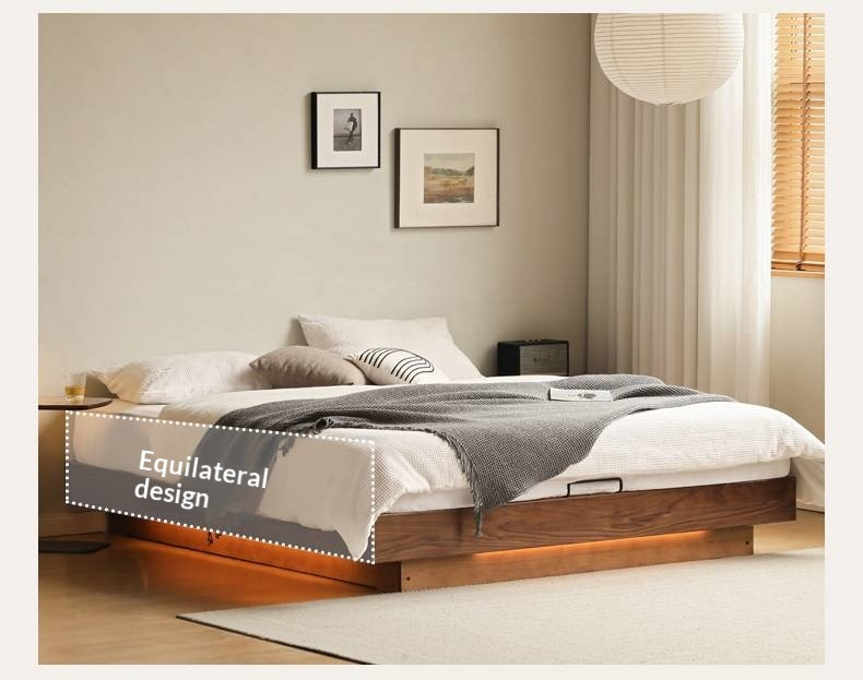 Black Walnut Solid Wood Platform Box Bed, Headboard-Free Bed Night Light Suspended Bed