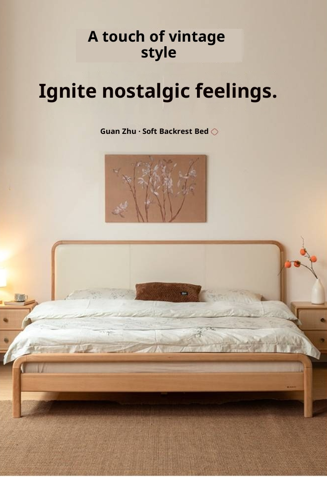 Beech Solid Wood Genuine Leather Soft Headboard Bed