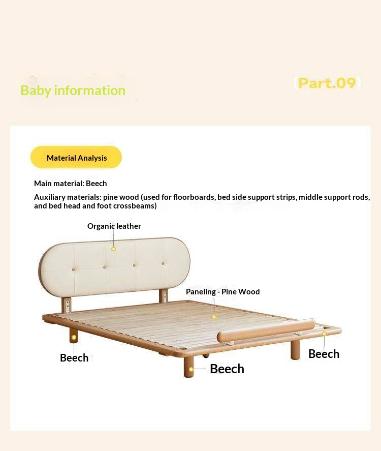 Beech Solid Wood Kids Floating Platform Bed with Upholstered Headboard and Optional Guardrails