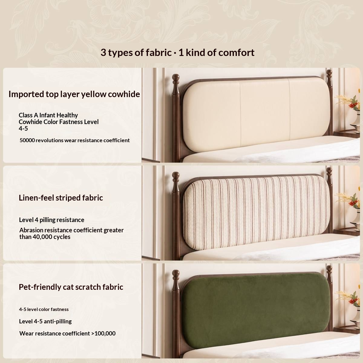 Rubberwood Solid Wood Four Poster Upholstered Bed with Adjustable Headboard