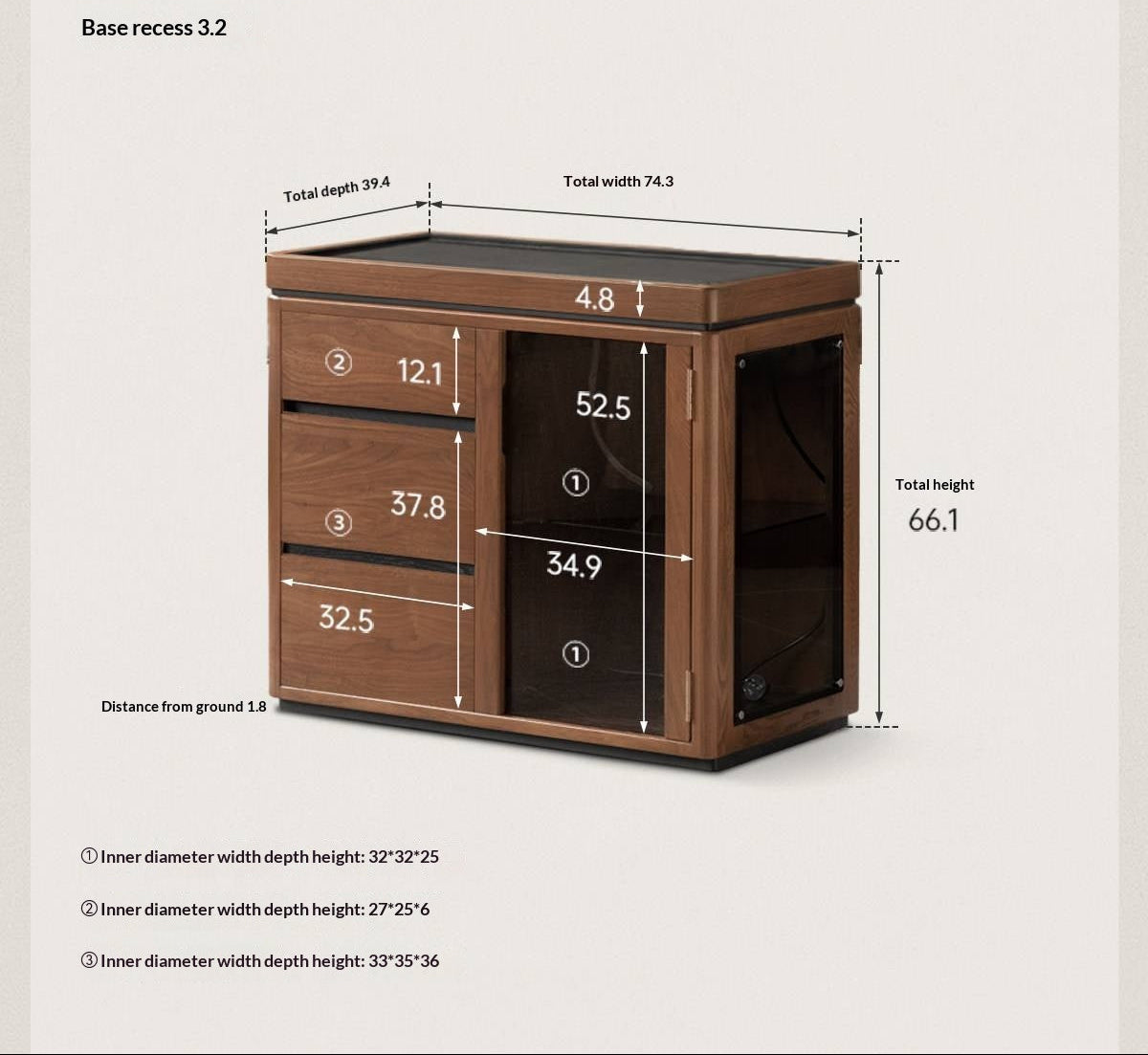 Black Walnut Solid Wood Tea Set Storage Rolling Side Cabinet with Fluted Drawers