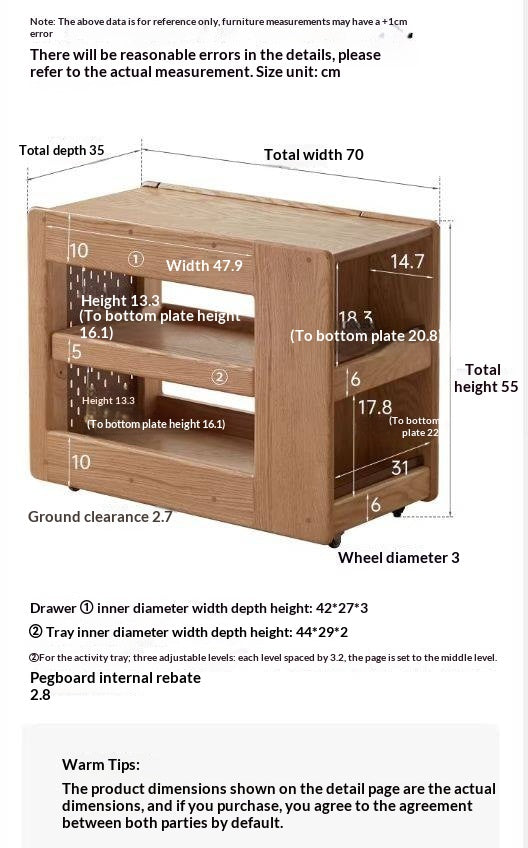 Oak Solid Wood Side Table with Mobile Trolley and Storage Functionality