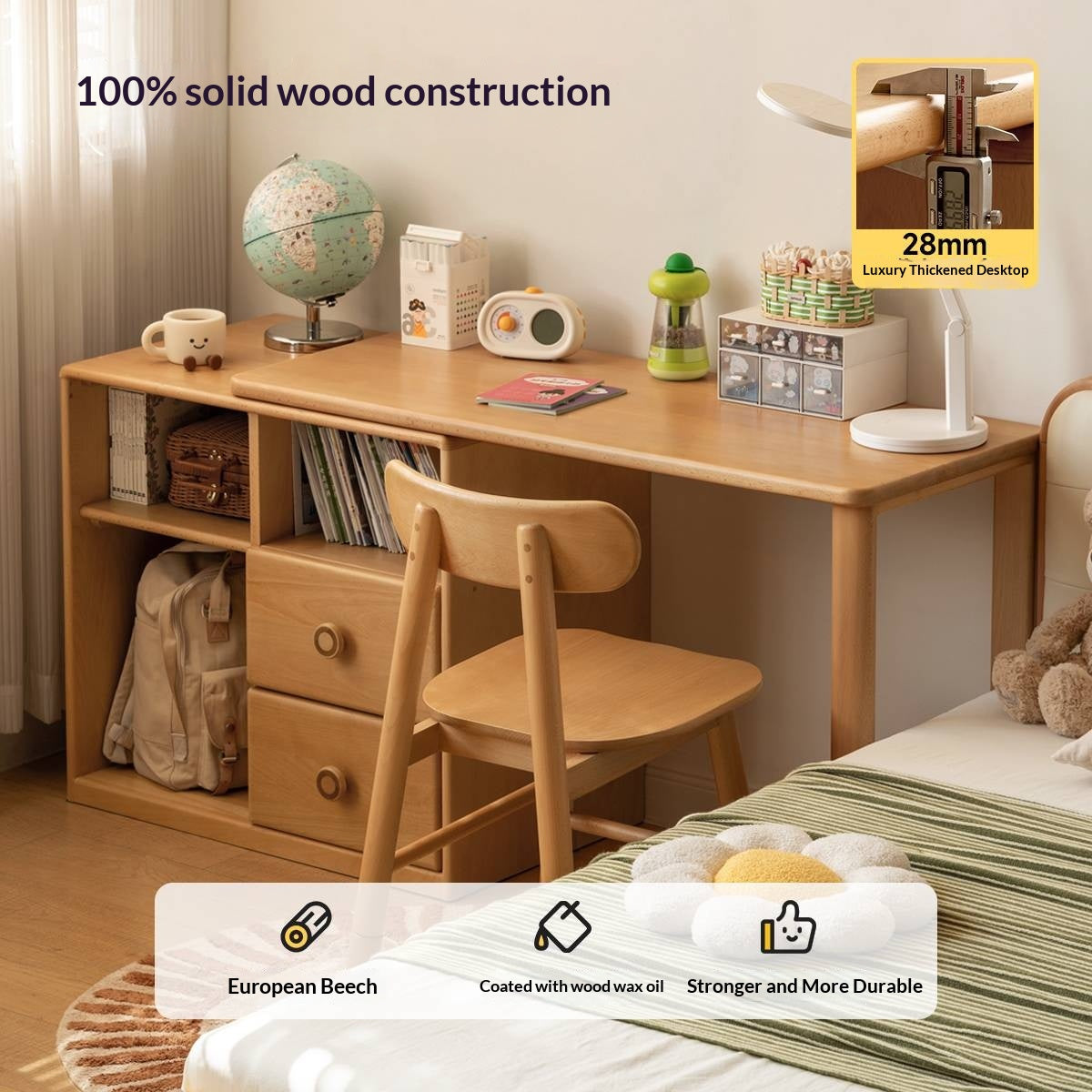 Beech Solid Wood Telescopic Student Writing Desk