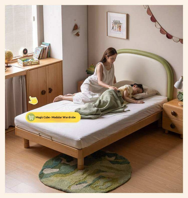 Beech solid wood Kids Bed with Round Headboard and Adjustable Height Legs