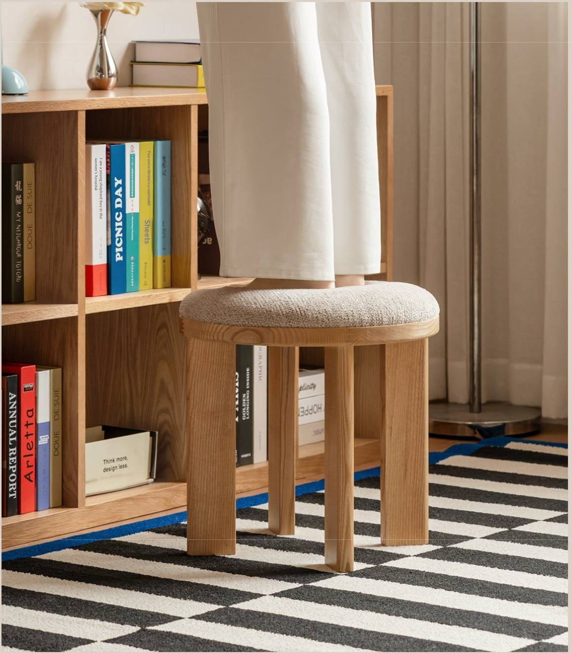 Ash Solid Wood Round Upholstered Stool with Slab Wood Legs