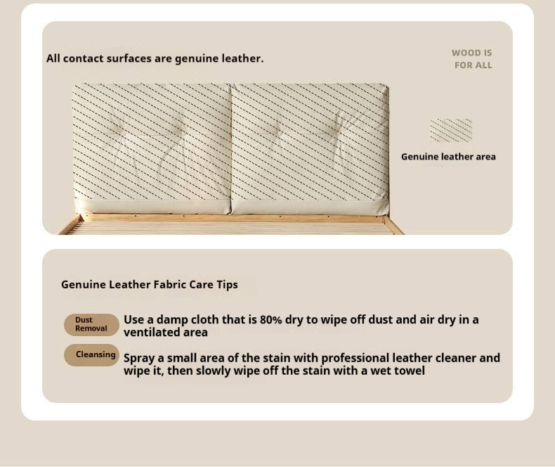 Oak Solid Wood Bed — Modern Minimalist, Genuine Leather Upholstered, Floating Design with Light