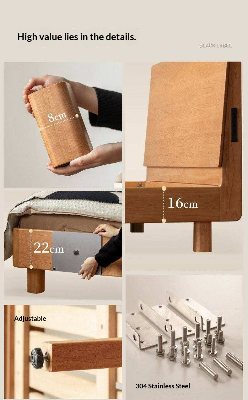 Cherry Solid Wood Bed Modern Minimalist Luminous Bed