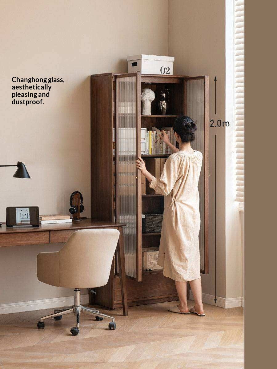Black Walnut Solid Wood Bookcase Display Glass Door Storage Cabinet