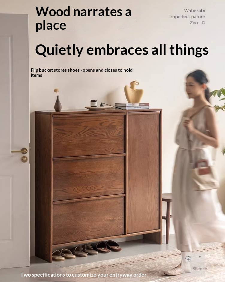 Oak Solid Wood Shoe Cabinet with Wabi-Sabi Style Storage Design