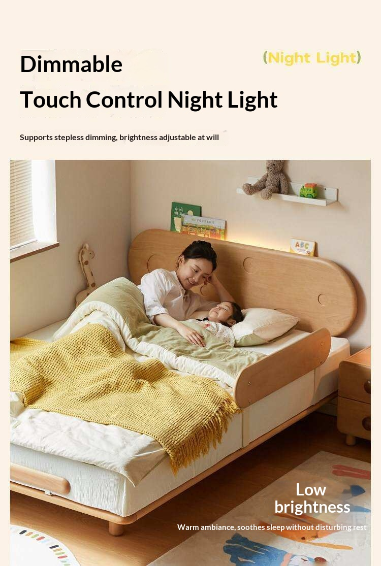 Beech Solid Wood Kids Floating Bed with Night Light and Optional Guardrails
