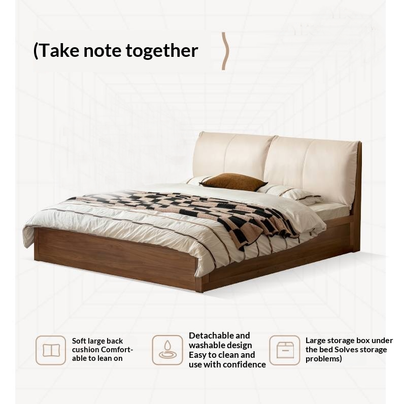 Black Walnut Solid Wood Box Bed — Luxury Genuine Leather Bed with Soft Backrest