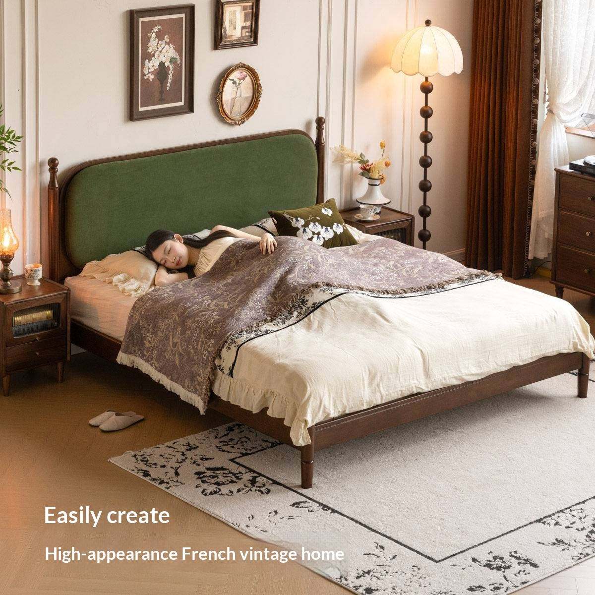 Rubberwood Solid Wood Four Poster Upholstered Bed with Adjustable Headboard
