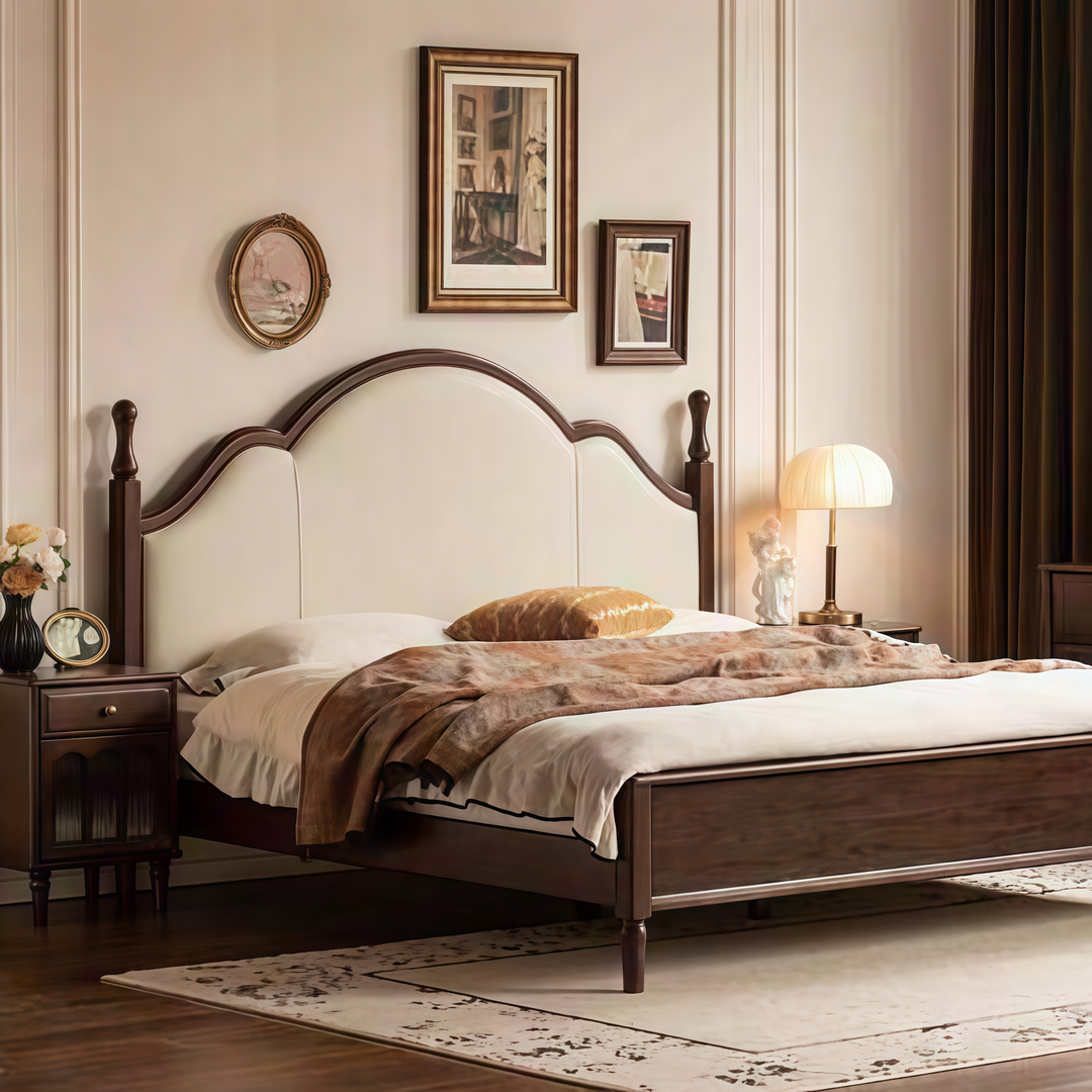 Ash Solid Wood Genuine Leather Bed with Tall Arched Headboard and Turned Finial Posts