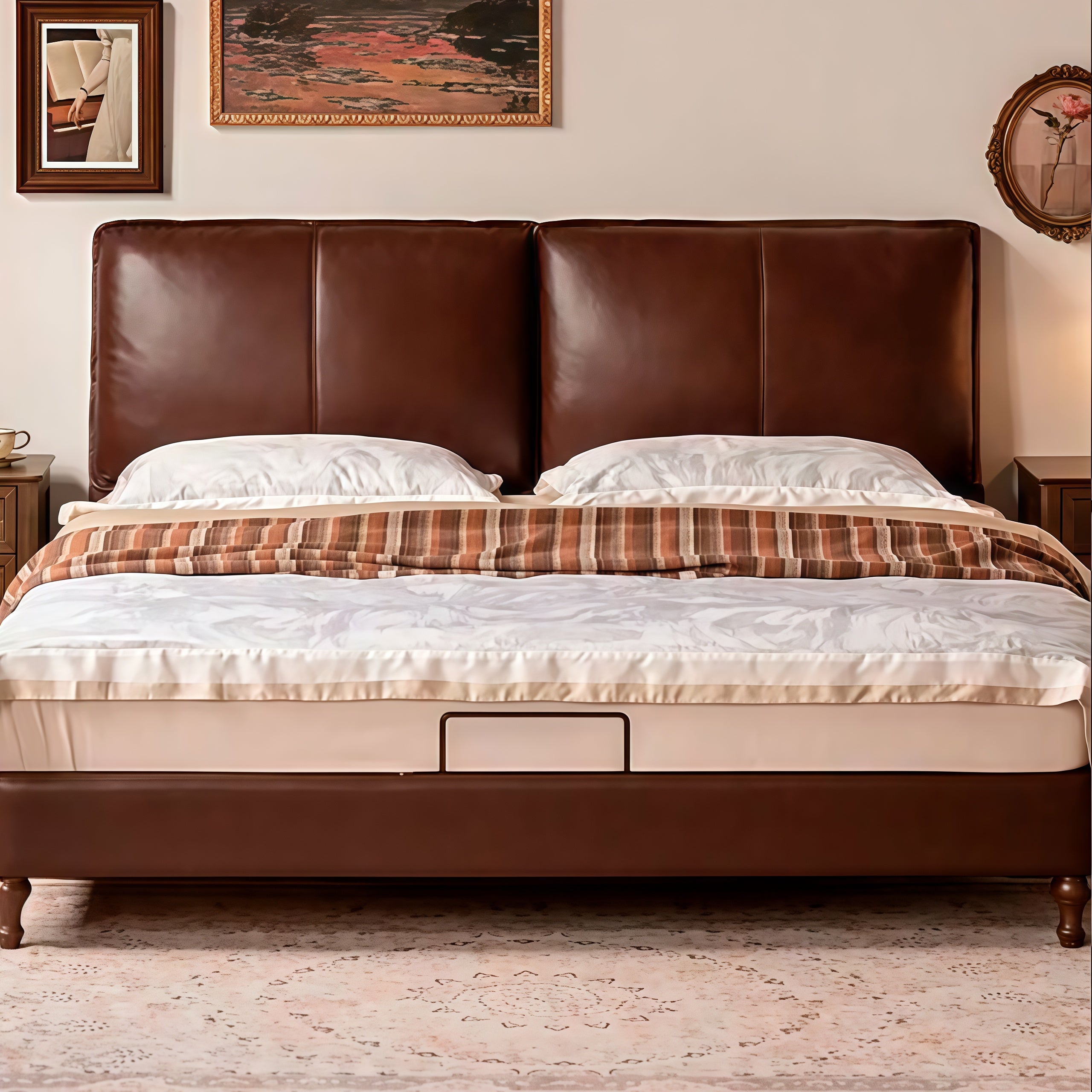 Leather Soft Upholstery, Light Luxury Bed American Retro Style