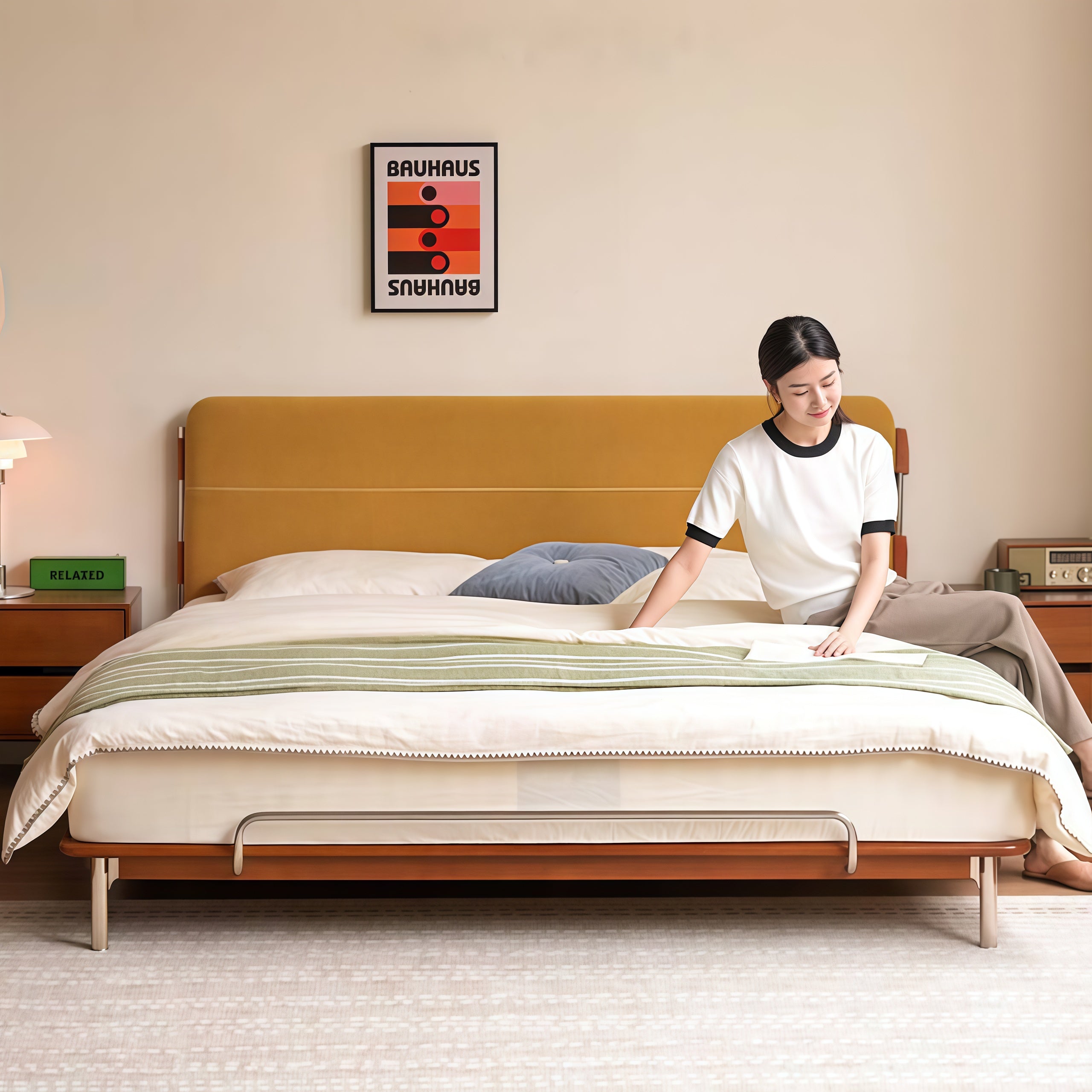 Poplar Solid Wood Soft Back Fabric Chenille Bed Bauhaus Style