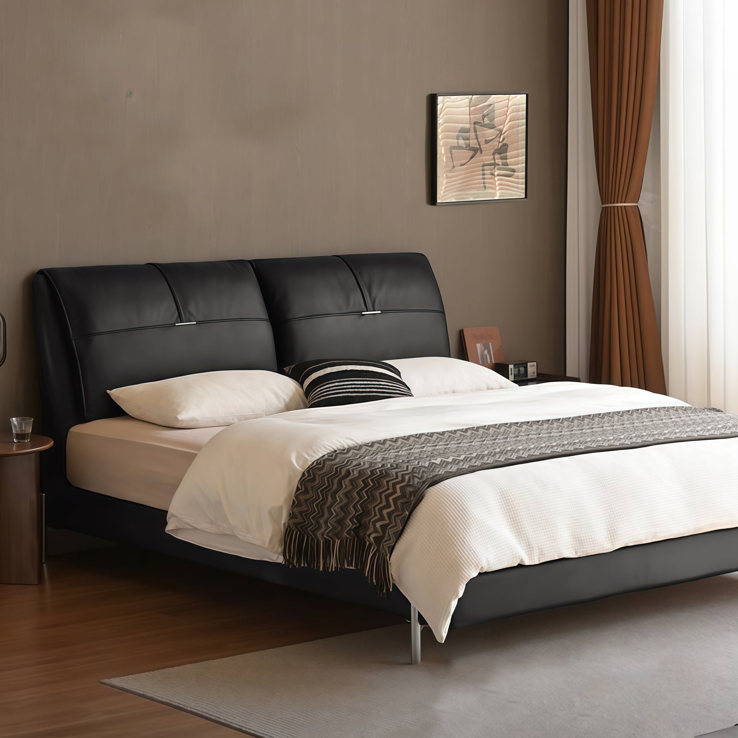 Genuine Leather Italian Light Luxury Black Bed