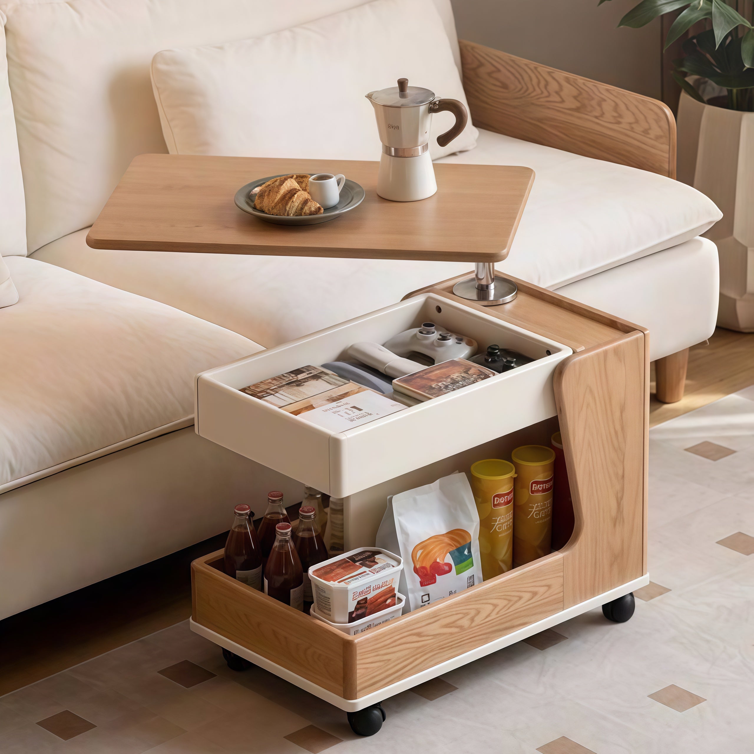 Oak Solid Wood Liftable Rotating Mobile Side Table