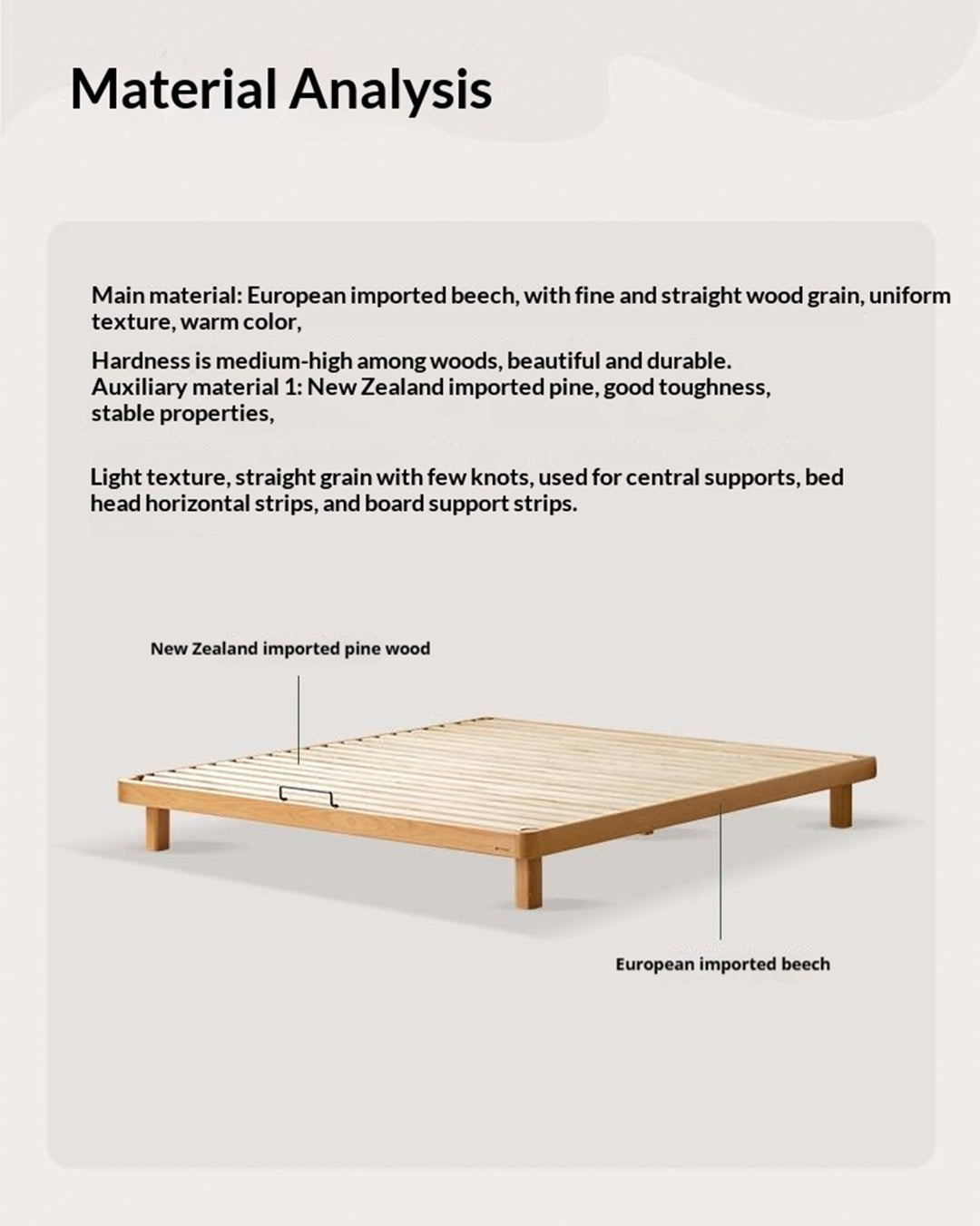Beech, Rubberwood Solid Wood Platform Bed, Headboard-Free Bed with Flat Edge
