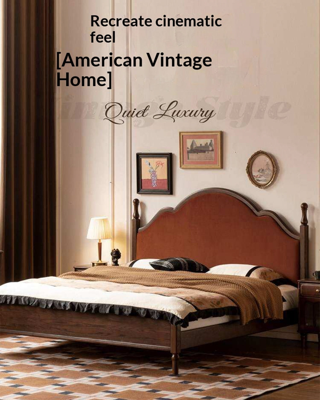 Ash Solid Wood Upholstered Bed with Tall Arched Headboard and Turned Finial Posts