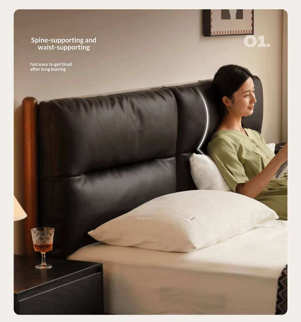 Poplar Solid Wood Mid Century Leather Bed with Padded Headboard