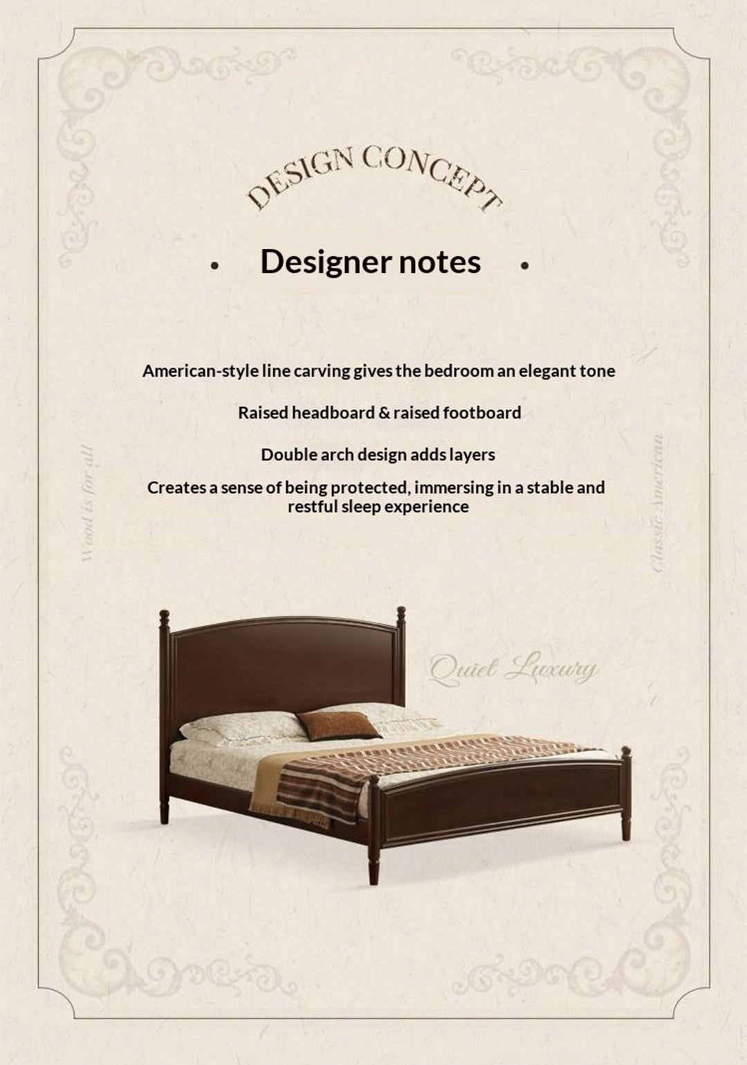 Poplar Solid Wood Bed — American Retro Style