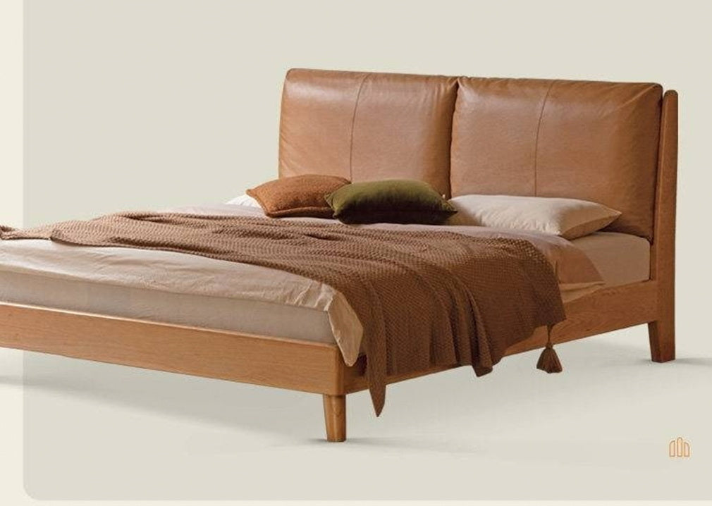 Cherry Solid Wood Bed — Retro Style with Genuine Leather Upholstery