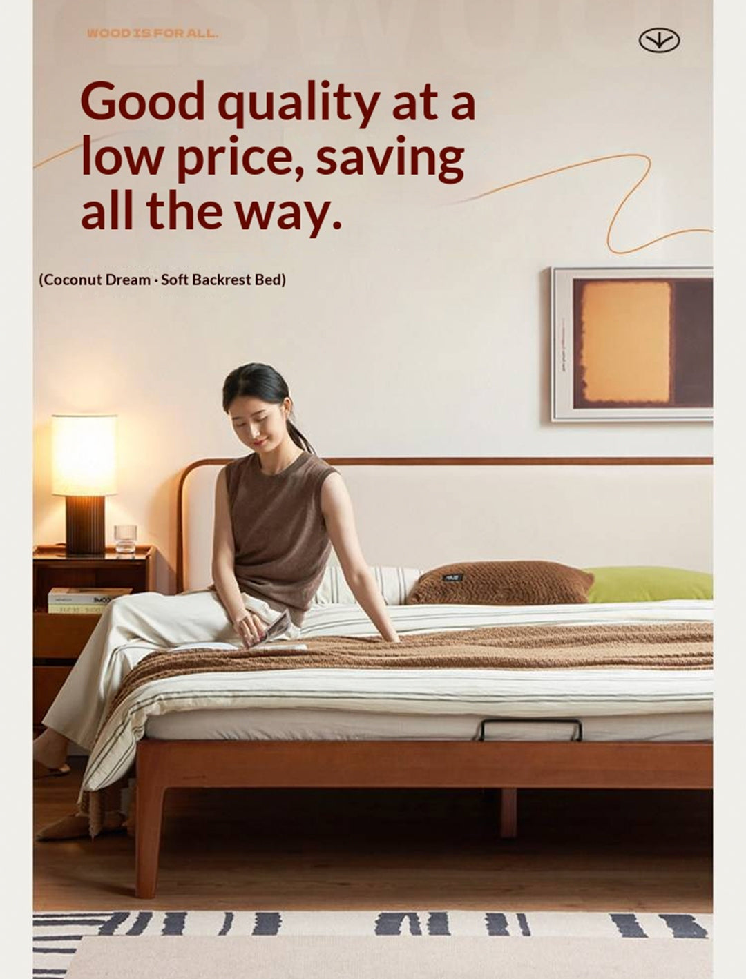 Poplar Solid Wood Bed — Vintage Style with Soft Backrest, Genuine Leather and Edge Finish