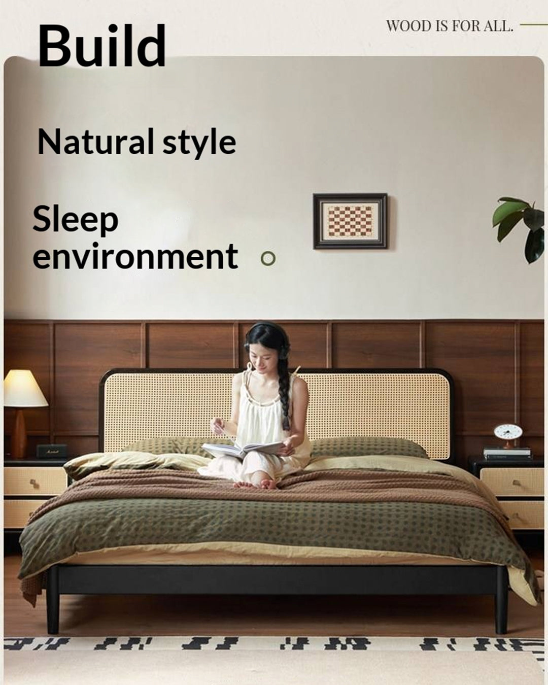 Oak Solid Wood Bed — Black Slab Rattan Vintage Style Bed